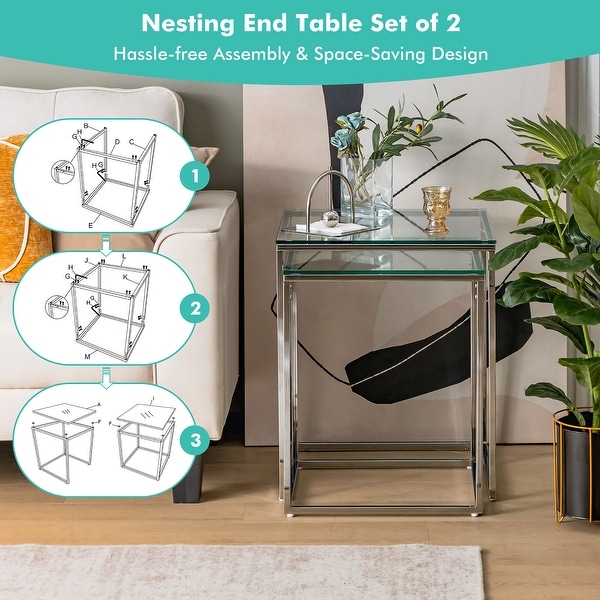 Costway 2pcs Nesting Coffee End Corner Side Table Tempered Glass Top - See Details