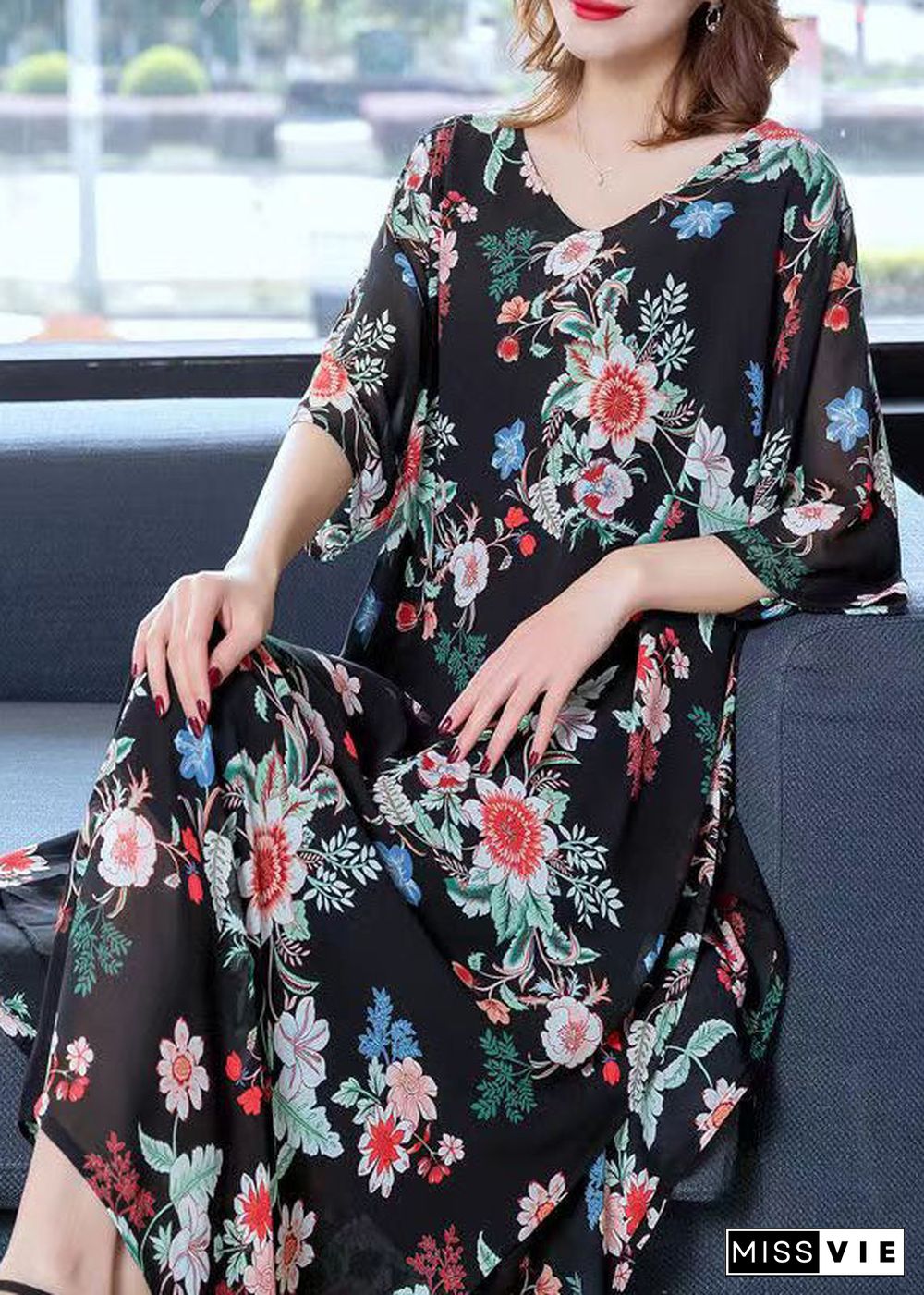 Modern Black V Neck Print Patchwork Chiffon Long Dress Summer