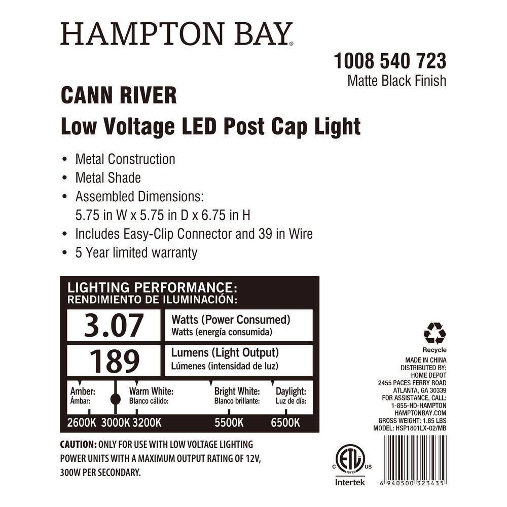 Hampton Bay Cann River 6.75 in. H Low Voltage Black Aluminum Hardwired Outdoor Weather Resistant Pier Mount Light Integrated LED HSP1801LX-02MB