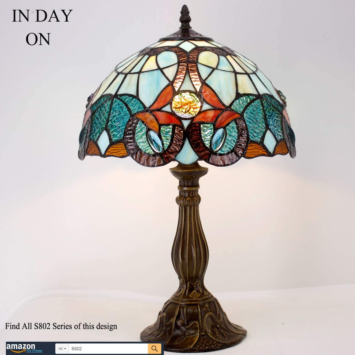 SHADY  Table Lamp Stained Glass Bedside Lamp Green Blue Floral Desk Reading Light 12X12X18 Inches Decor Bedroom Living Room Home Office S802 Series