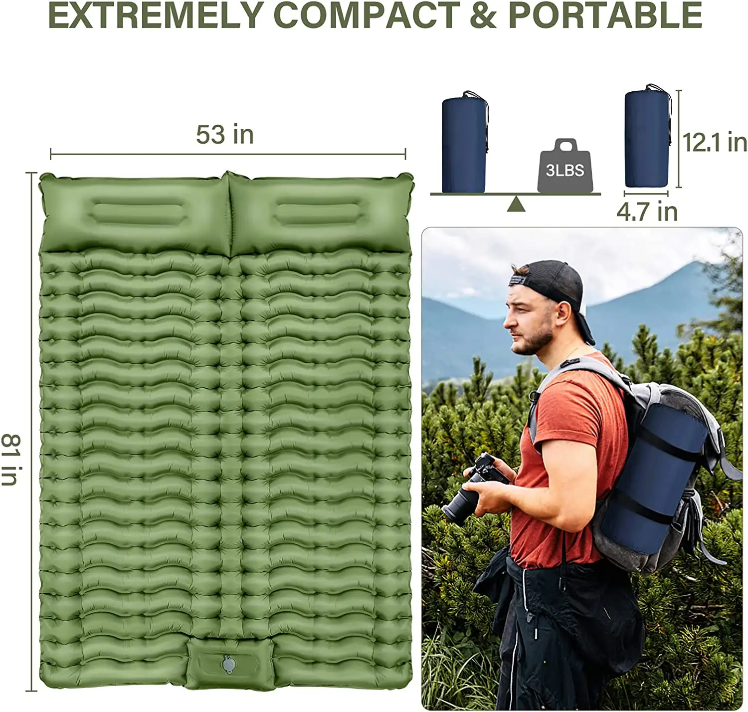 Double Camping Sleeping Pad Inflatable Camping Pad Foot Press Ultralight 2 Person Mat With Pillow for Camping Hiking Traveling