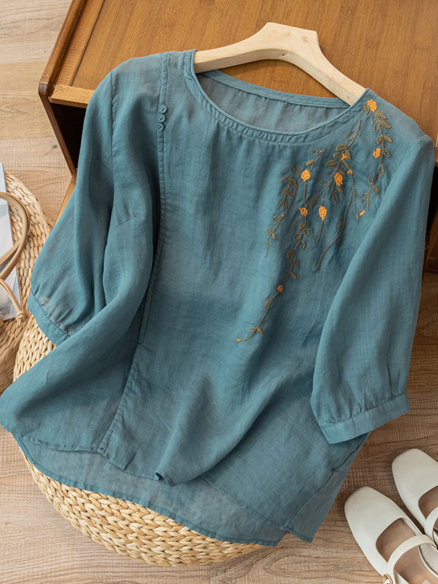 Round Neck Casual Loose Embroidered Mid Sleeve Blouse