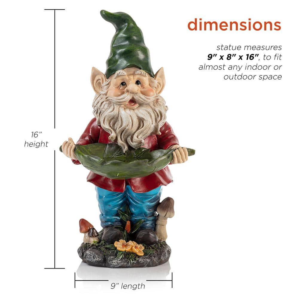 Alpine Corporation 16 in. Tall Outdoor Garden Gnome and Bird Feeder Yard Statue Decoration WAC208