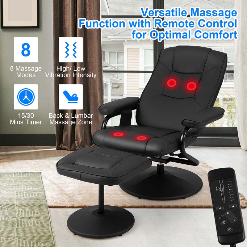 360° Swivel Massage Recliner Chair with Ottoman, Faux Leather Lounge Armchair for Living Room Bedroom Office