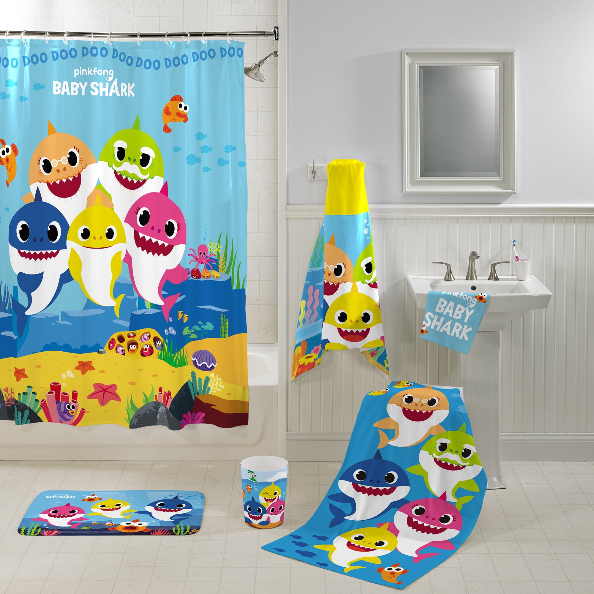 Baby Shark Kids Bath Towel and Wash Cloth， 2-Piece Set， Cotton， Blue， Nickelodeon