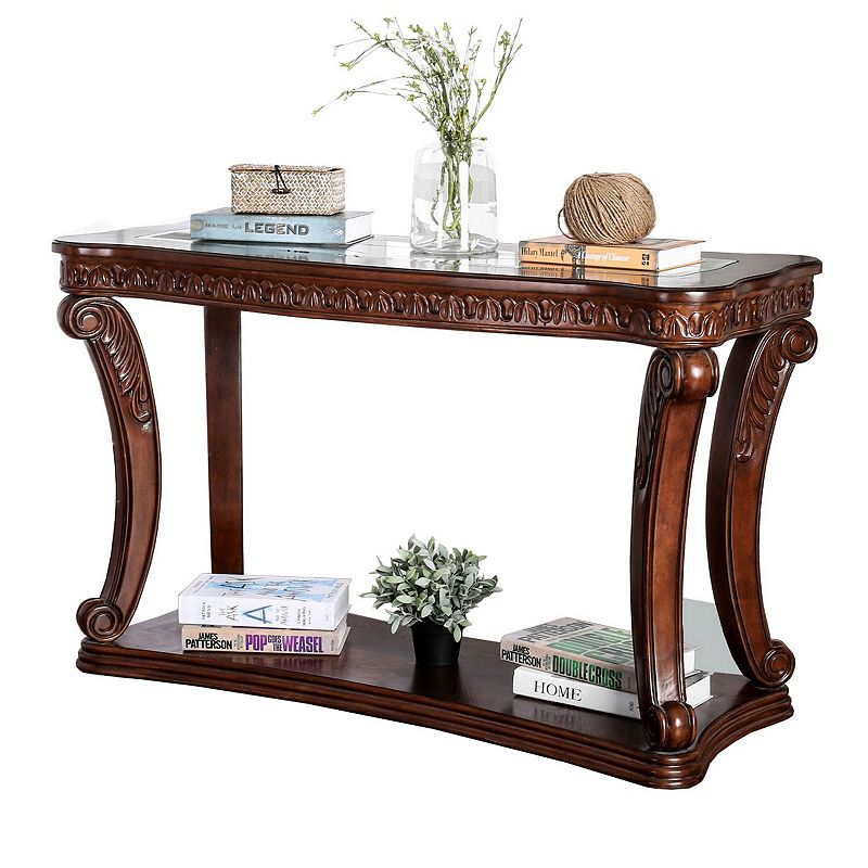 Traditional Sofa Table with Cabriole Legs and Wooden Carving， Brown