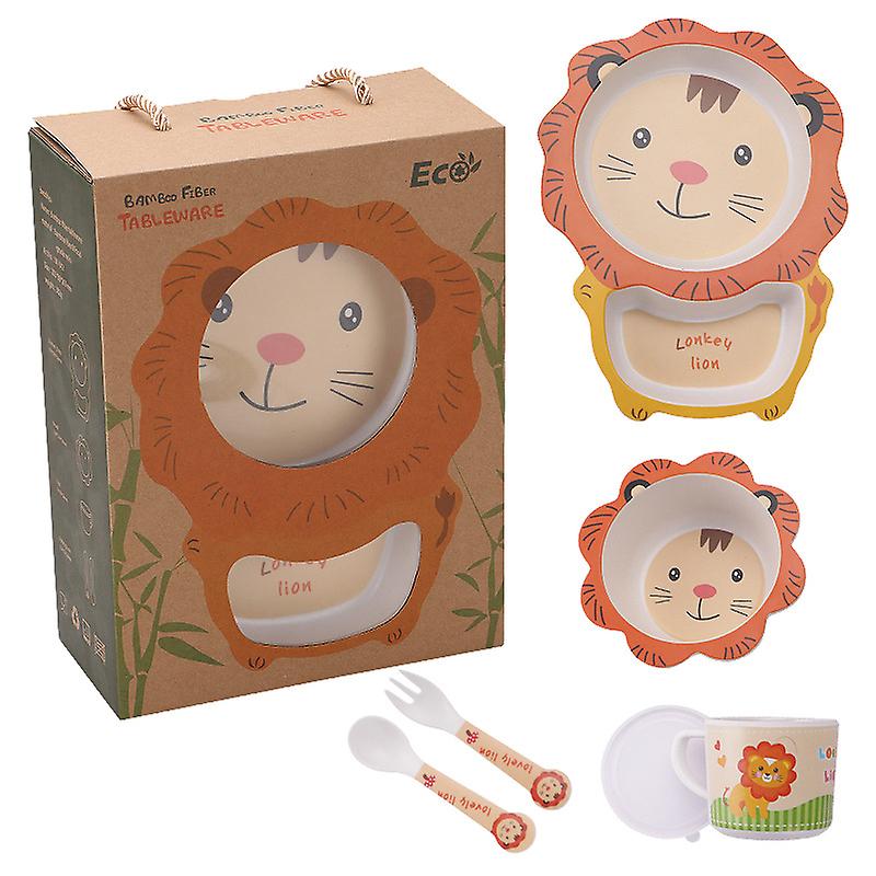 5-piece Bamboo Fiber Children Bowl Fork Spoon Tableware Set Lion