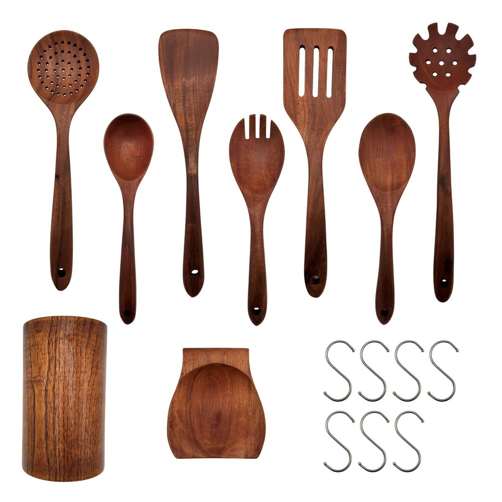 Elyon 9 Piece Teak Wood Utensil Set with Hooks