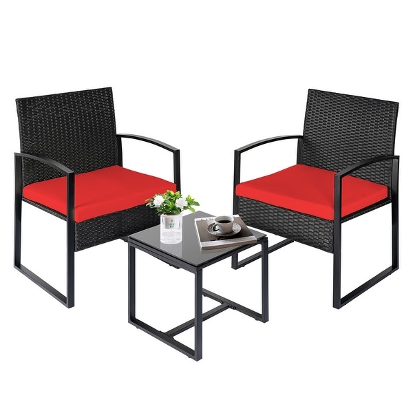 3 Piece Patio Bistro Set Outdoor Furniture Set with Glass Table，Rattan Conversation Sets for Porch Garden Balcony