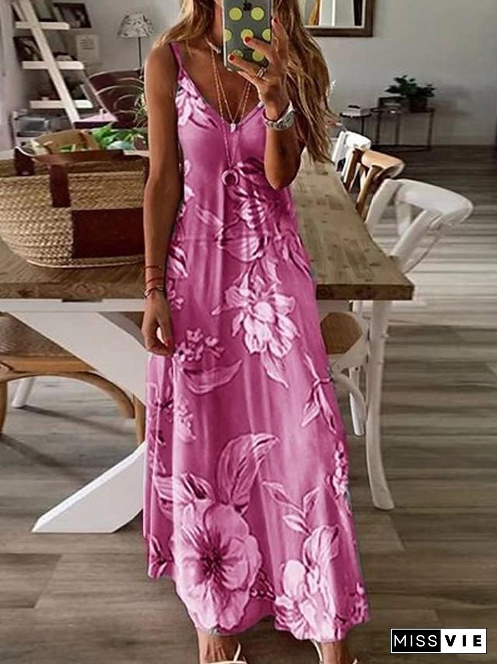 Women's Maxi long Dress - Sleeveless Floral Print Summer V Neck Hot Holiday Beach Slim  Fuchsia Sky Blue Light gray Light Green Light Blue Light Pink S M L XL XXL