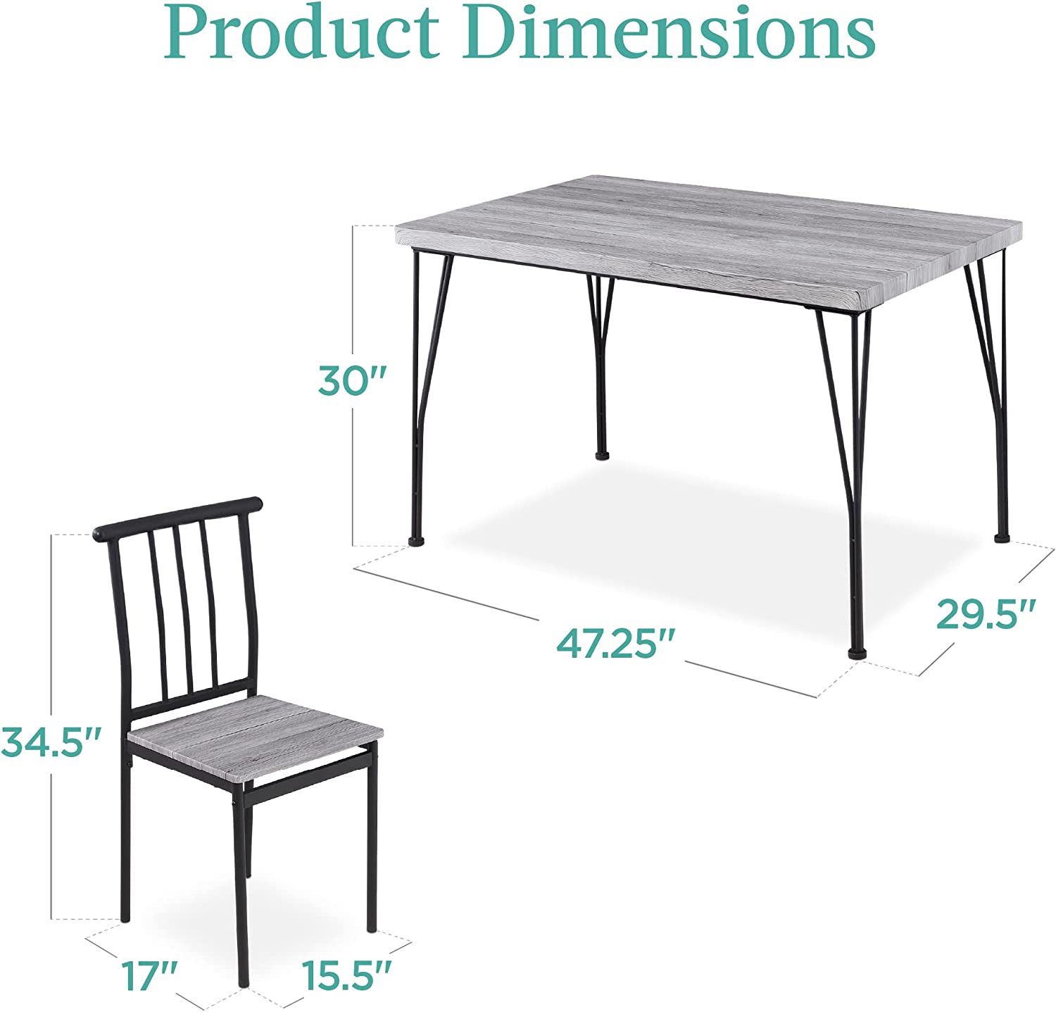 Best Choice Products 5-Piece Metal and Wood Indoor Modern Rectangular Dining Table Furniture Set for Kitchen， Dining Room， Dinette， Breakfast Nook w/ 4 Chairs - Gray