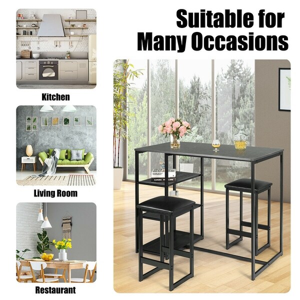 3 Piece Pub Set Industrial Style Faux Marble Top Table and 2 Stools Dining Set