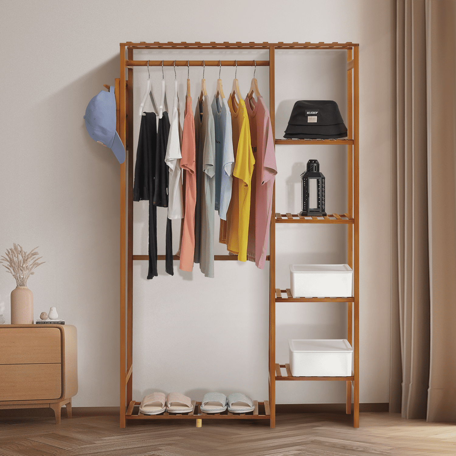 MoNiBloom Bamboo 6 Tiers Coat Pants Rack， Hanging Rod Closet Organizer Wardrobe， Brown， for Home