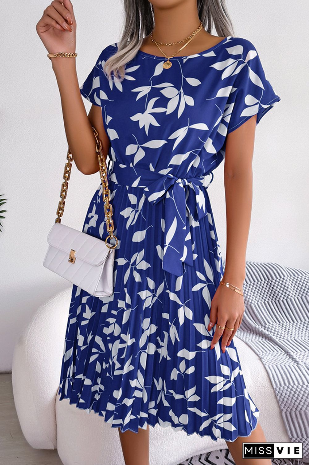 Leaf Print Pleated Midi Dress With Sash