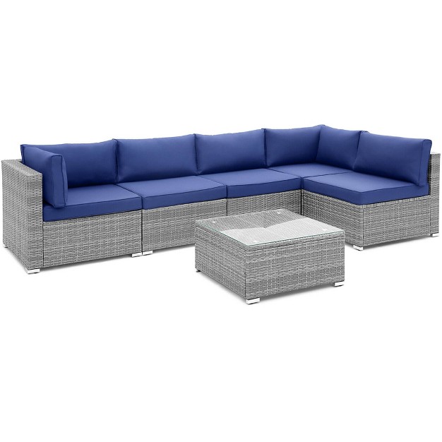 Tangkula 6pcs Patio Conversation Furniture Set Rattan Sectional Sofa Set W Navy Cushions