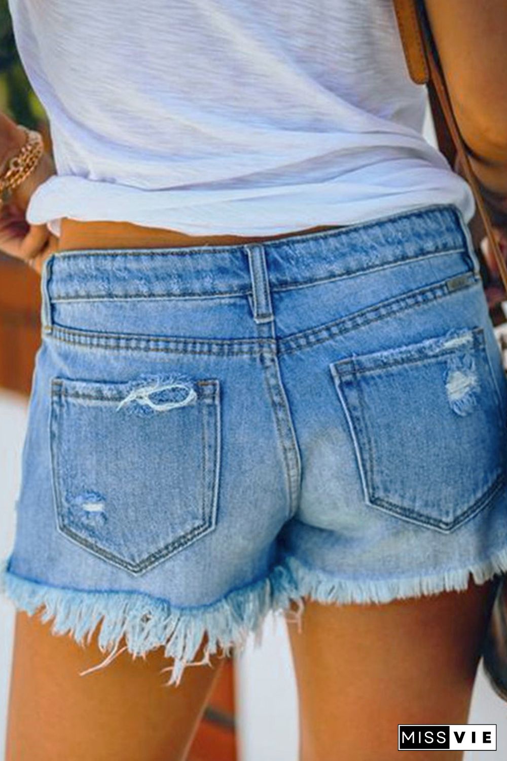 Patchwork Ripped Raw Hem Denim Shorts