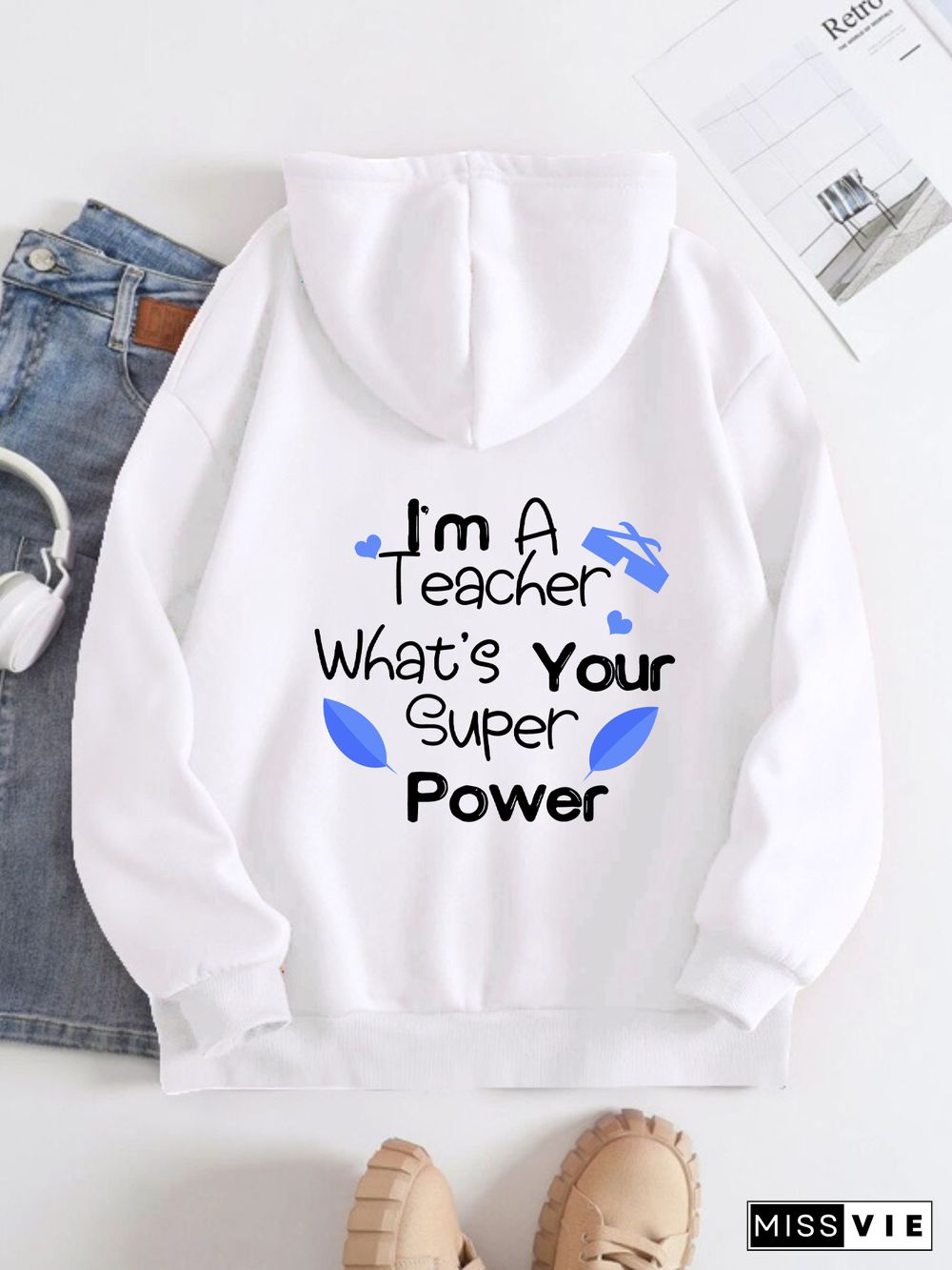 Printed on the Back Kangaroo Pocket Hoodie Long Sleeve for Women Pattern I am a super teacher