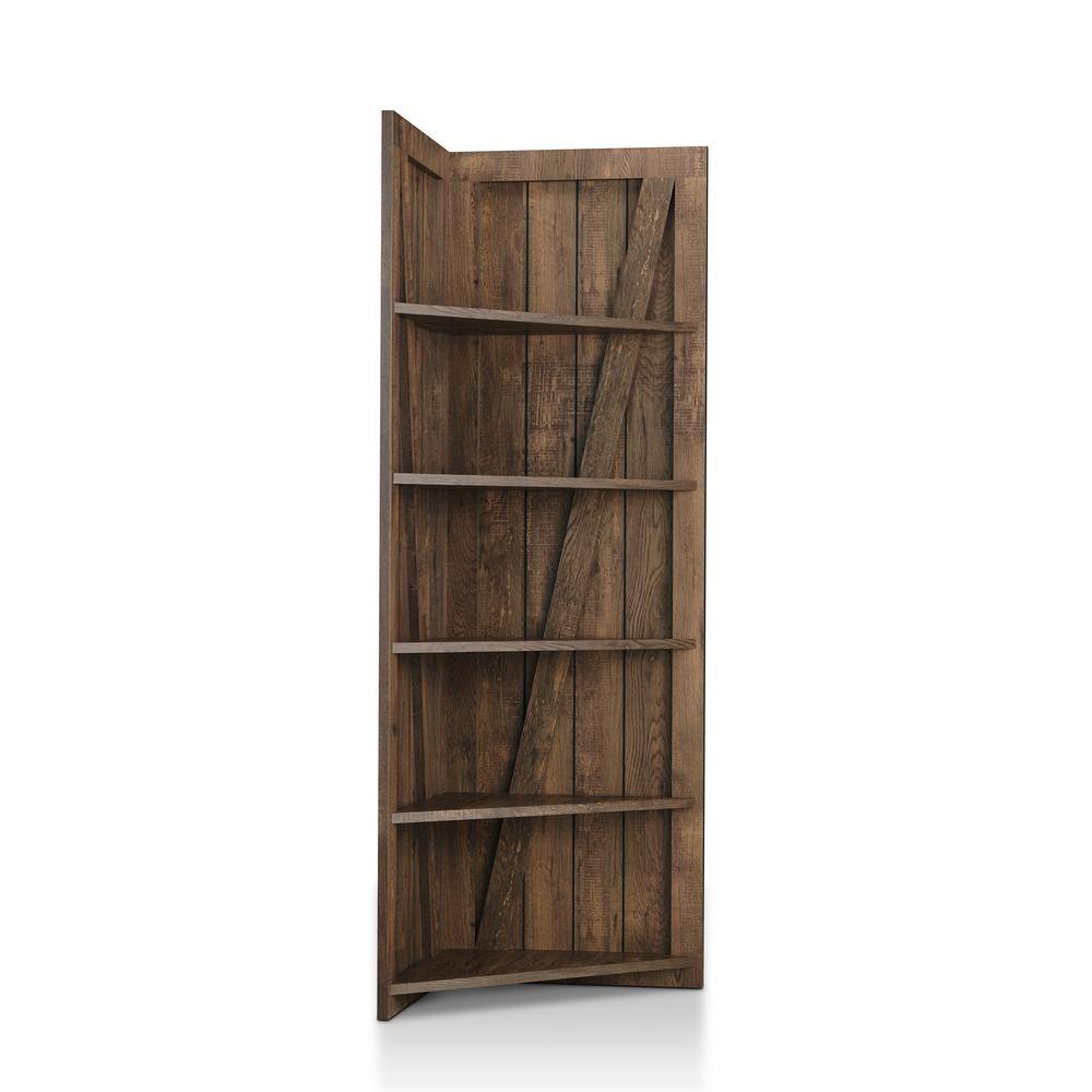 Furniture of America Helsa Reclaimed Oak 5-Shelf Corner Display Bookcase FGI-1980C25