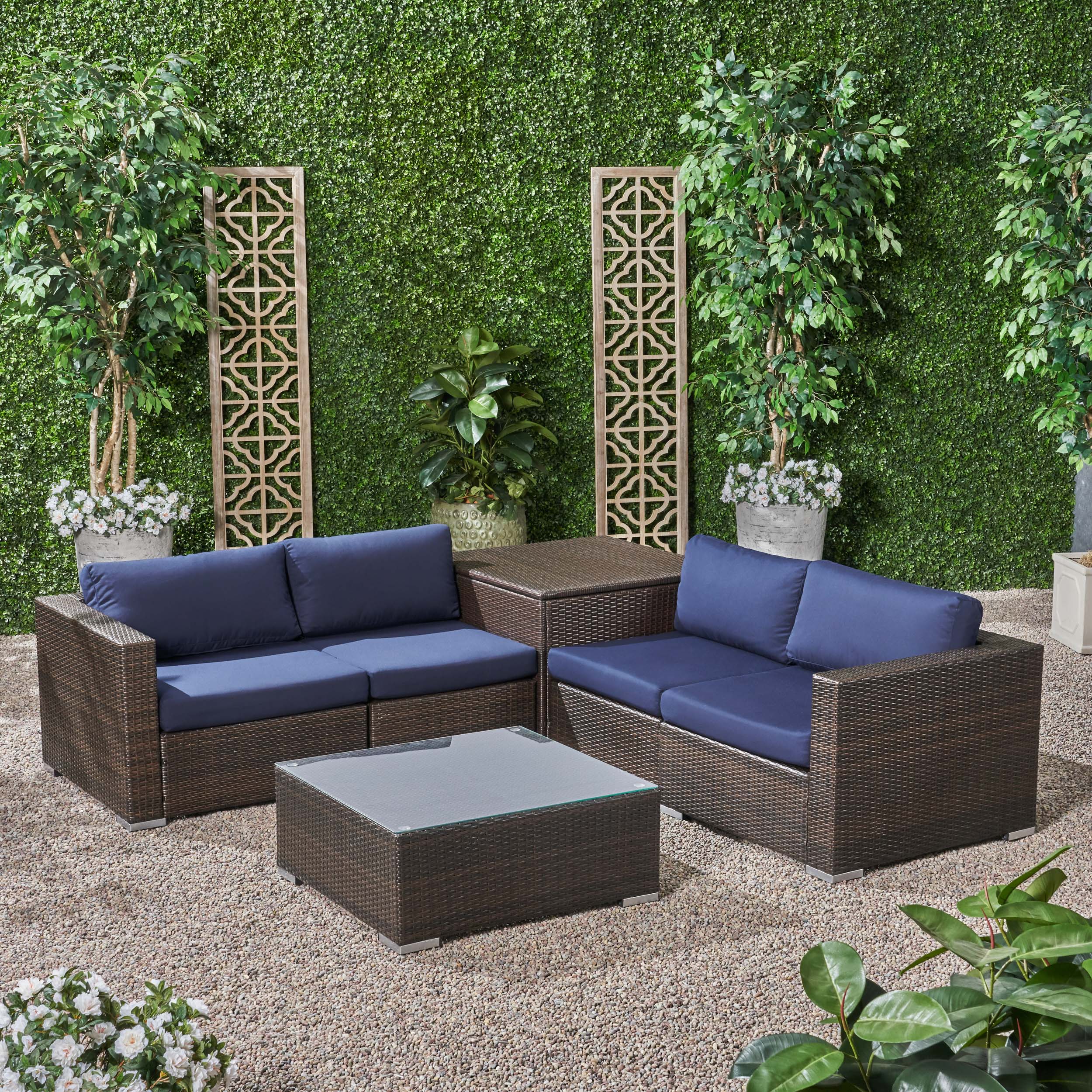 Kyra Outdoor 4 Seater Wicker Sofa Set with Storage Ottoman and Sunbrella Cushions