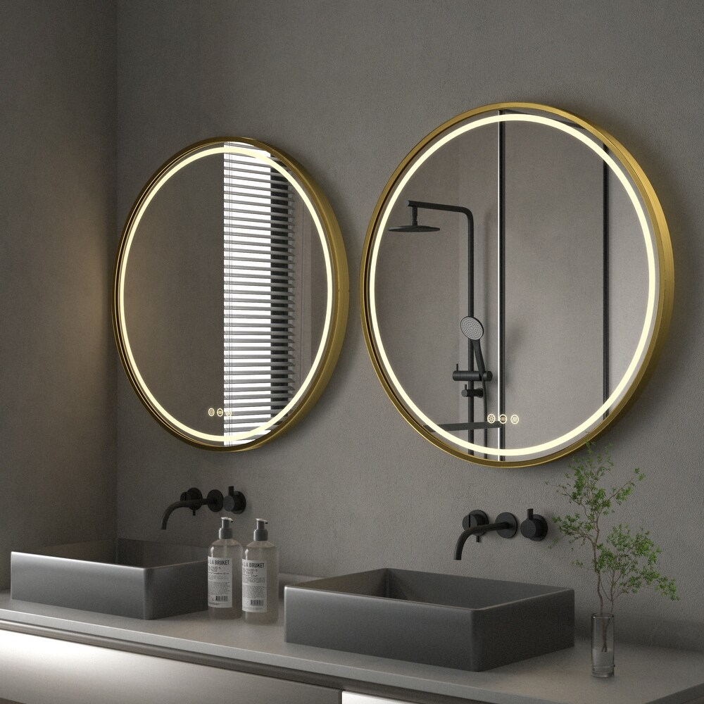 Large Round Framed LED Wall Bathroom Vanity Mirror with Hanging Strap