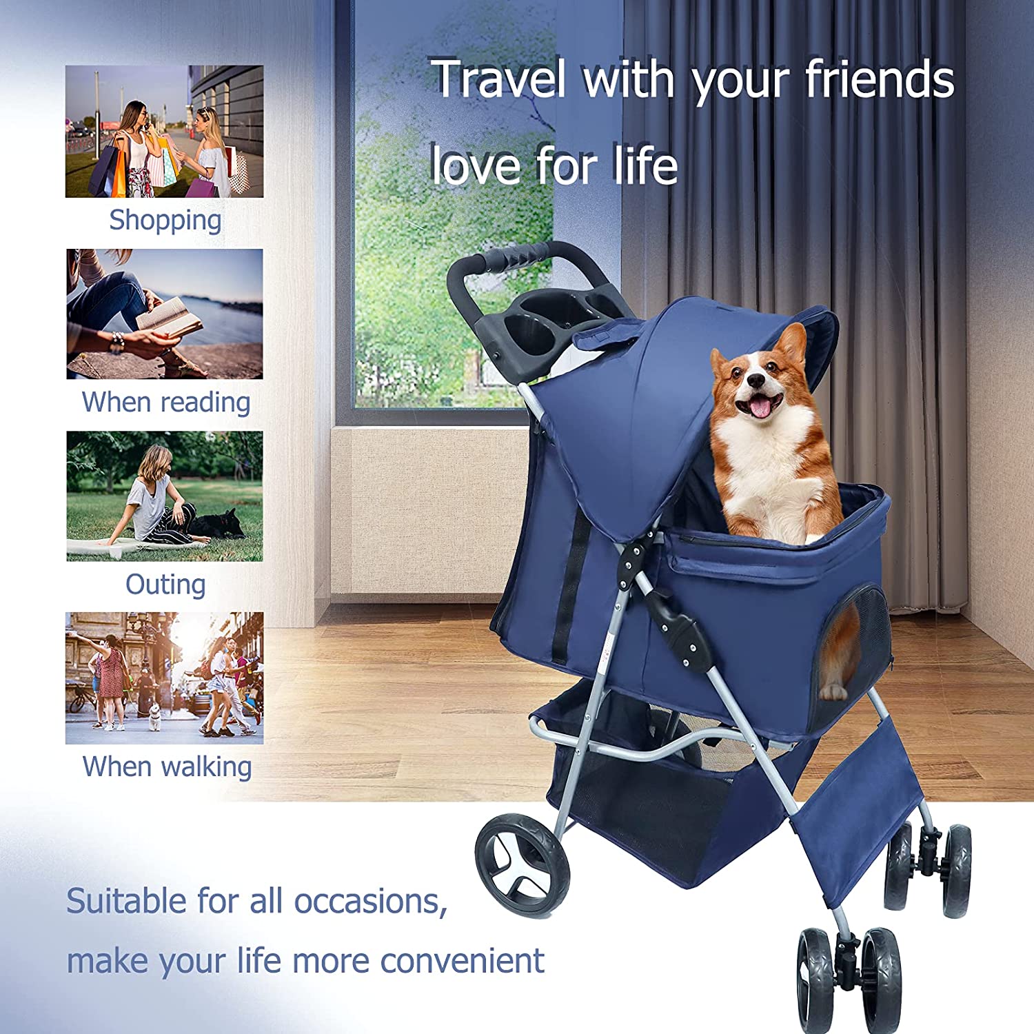 Maylai Pet Stroller for Small Cat/Dog - Lightweight Foldable with Storage Basket and Cup Holder (Navy Blue)