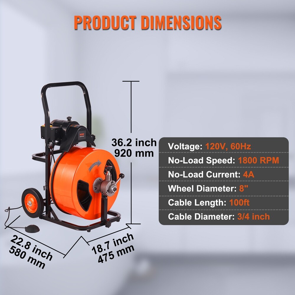 VEVOR 1800rpm Drain Cleaning Machine Sewer Auger Auto Feed with 4 Cutter Air activated Foot Switch for 1\