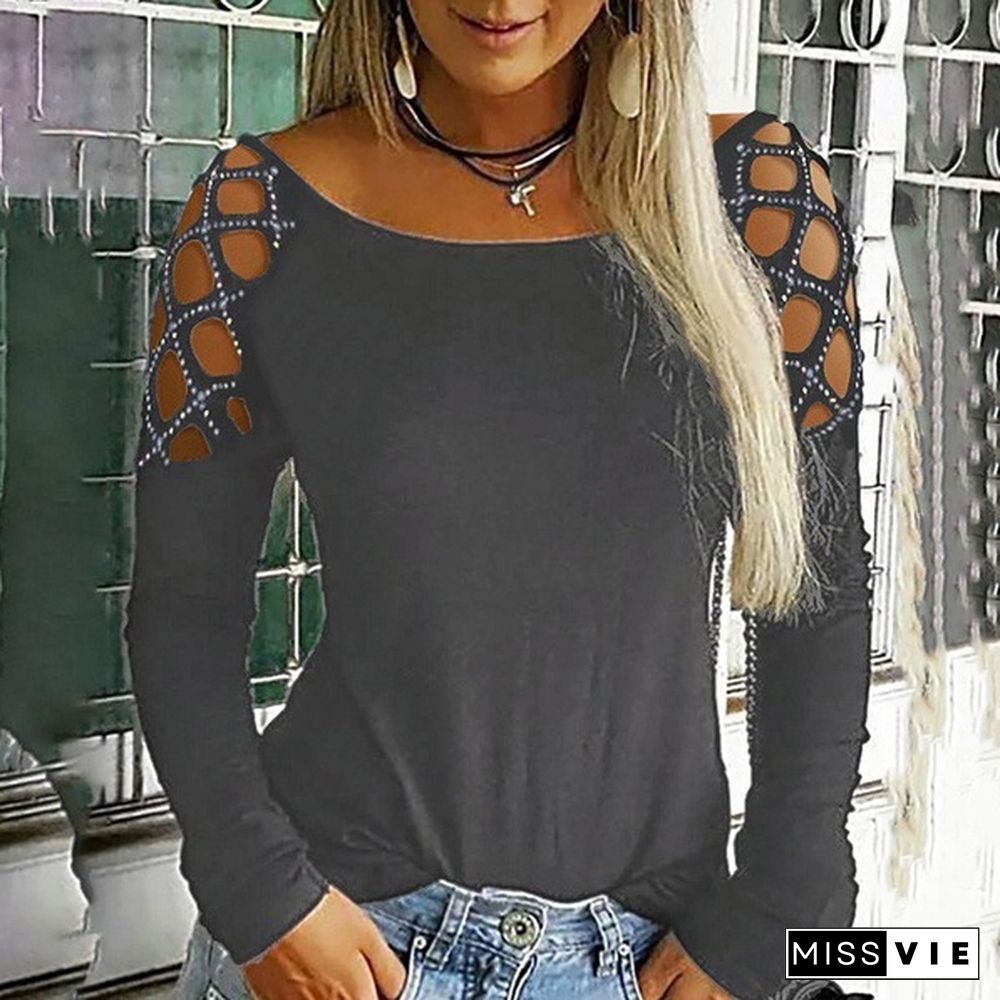 New Women’s Fashion Autumn Tops Hollow Out Long Sleeve Solid Color Loose Plus Size Casual Blouses