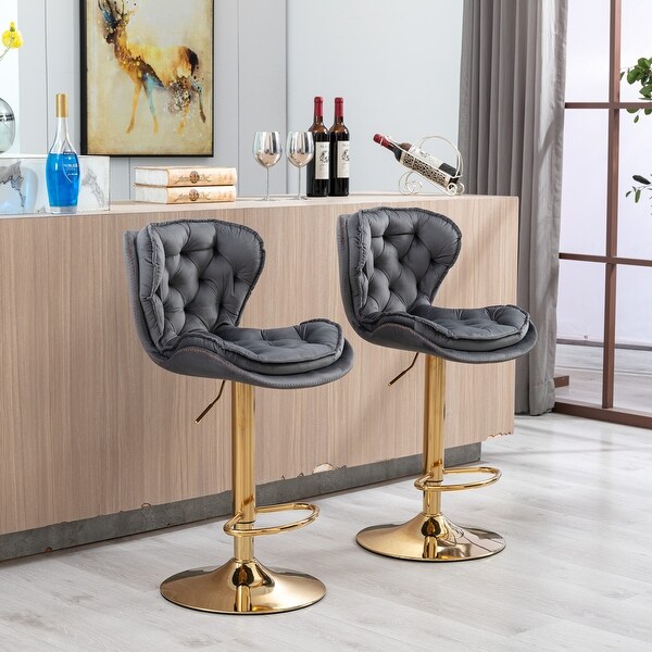 Modern Bar Stools with Chrome Footrest and Base Swivel Height Adjustable Mechanical Lifting Velvet， Golden Leg， Set of 2