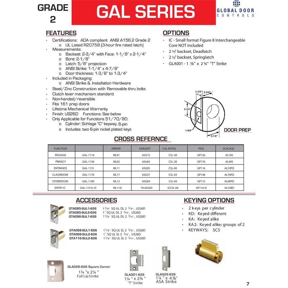 Global Door Controls Eiffel Standard Duty Brushed Chrome Grade 2 Commercial Cylindrical Entry Door Handle with Lock and Clutch Function GAL-1151L-R-626