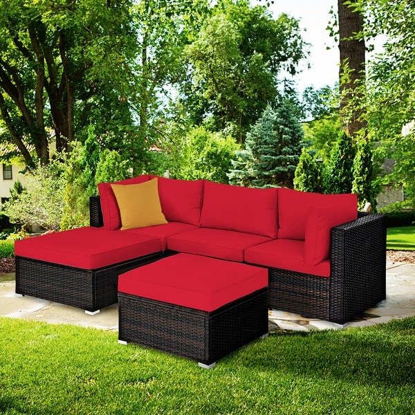 Gymax 5PCS Rattan Patio Conversation Set Outdoor Furniture Set w/