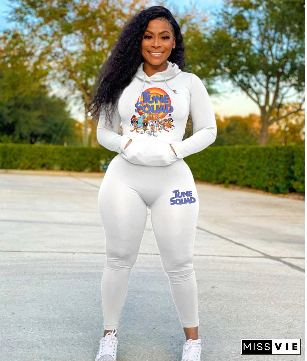 Workout Cartoon Print Hooded Tops 2 Piece Pants Set