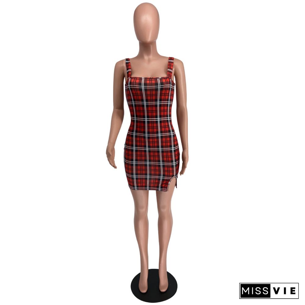 Women Casual Retro Plaid Sexy Sleeveless Square Collar Strap Bodycon Club Party Mini Dresses