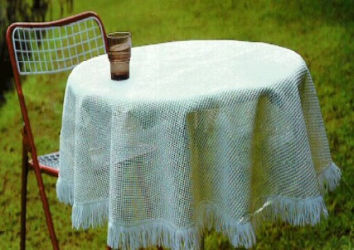 Vinyl Tablecloth Macramé Design with Polyester Fringe， Wind， Weather， Heat， Stain， Wrinkle and Fade Resistant， Non-Skid， Perfect for Patio， Kitchen， Dining and Parties， Light Beige (54”x54” Square)