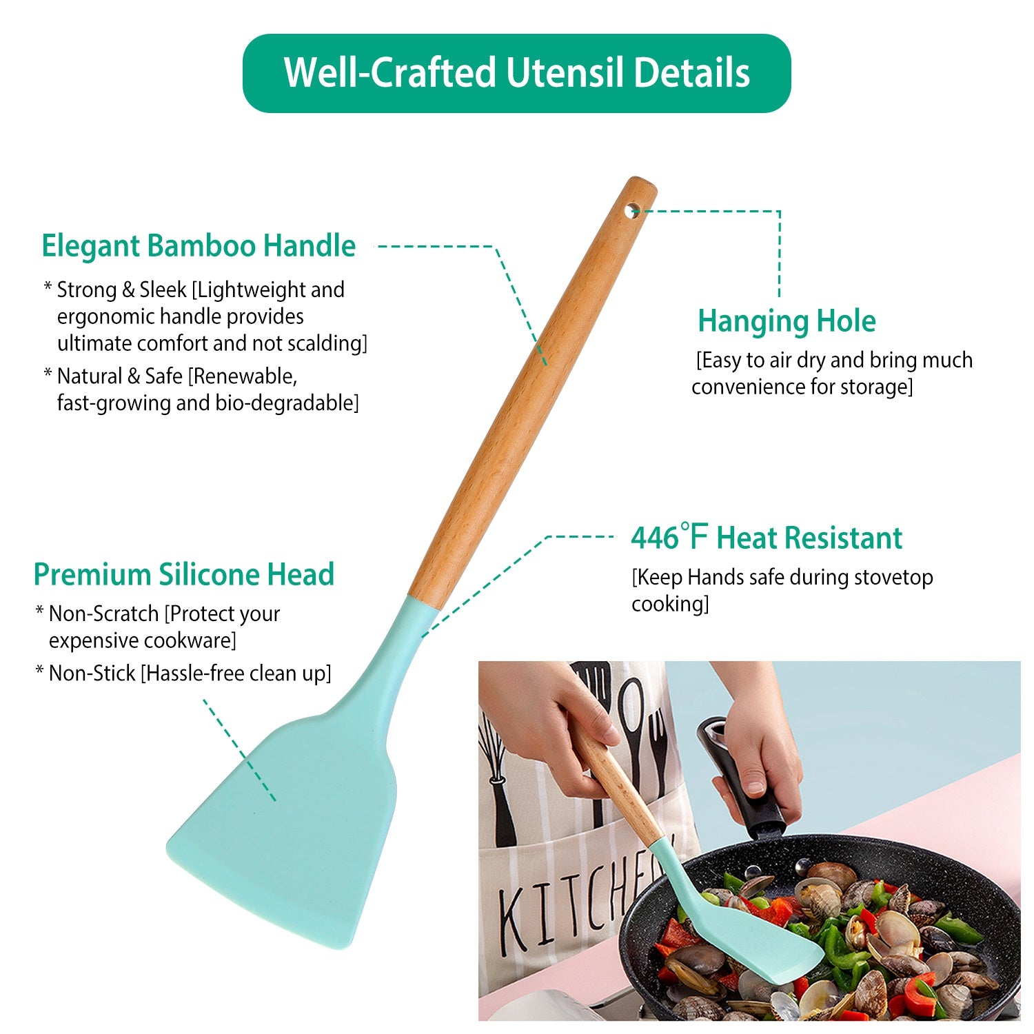 NewHome 11Pcs Silicone Cooking Utensil Set Heat Resist Wooden Handle Silicone Spatula Turner Ladle Spaghetti Server Tongs Spoon Egg Whish Kitchenware Set With Holder LightGreen