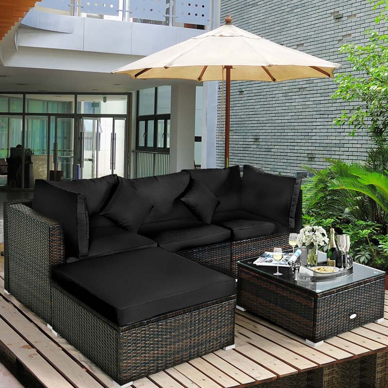 5 Pcs Outdoor Patio Rattan Furniture Sectional Sofa Set Wicker Conversation Set with Cushions