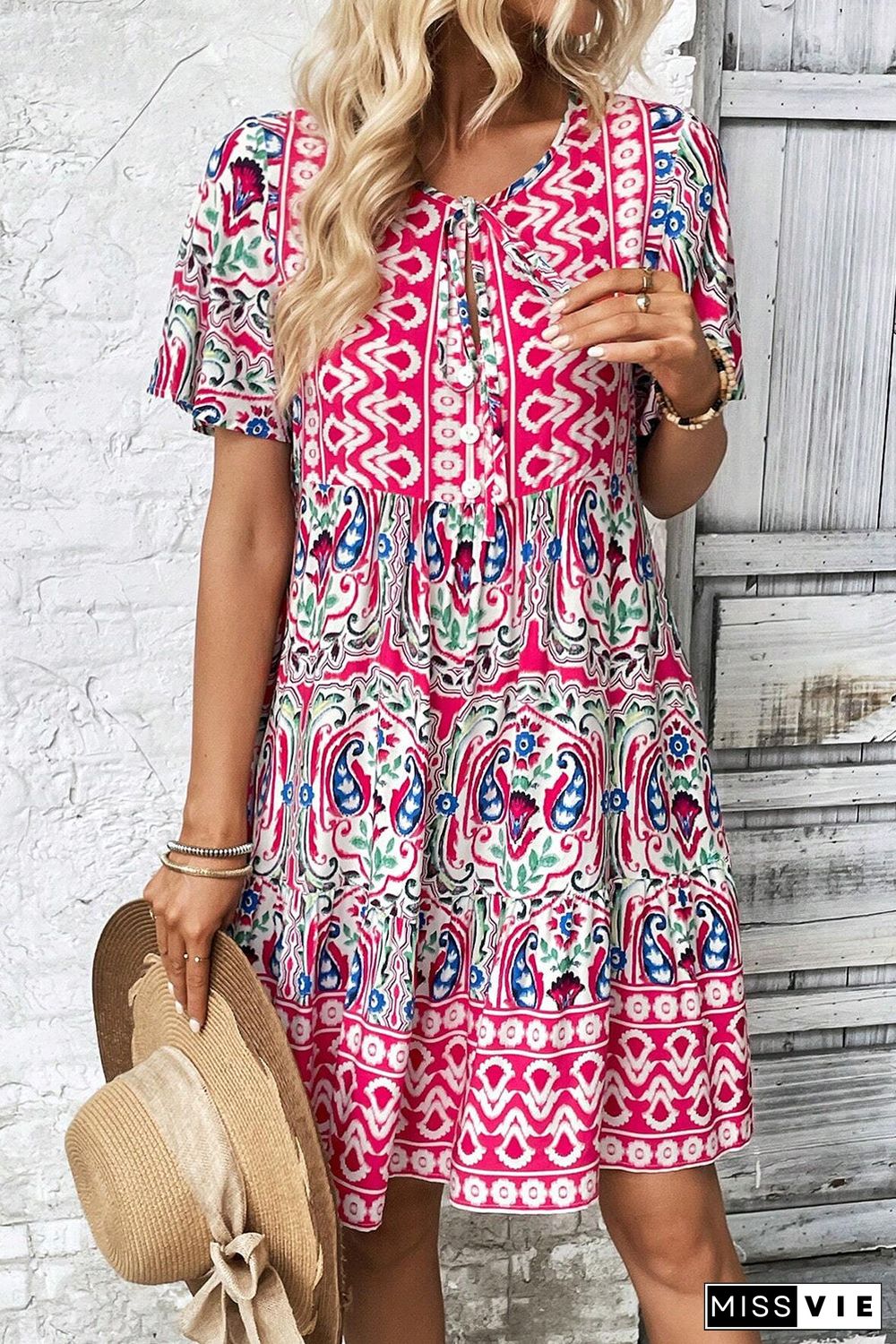 Bohemian Print Tie Neck Ruffle Hem Short Dress