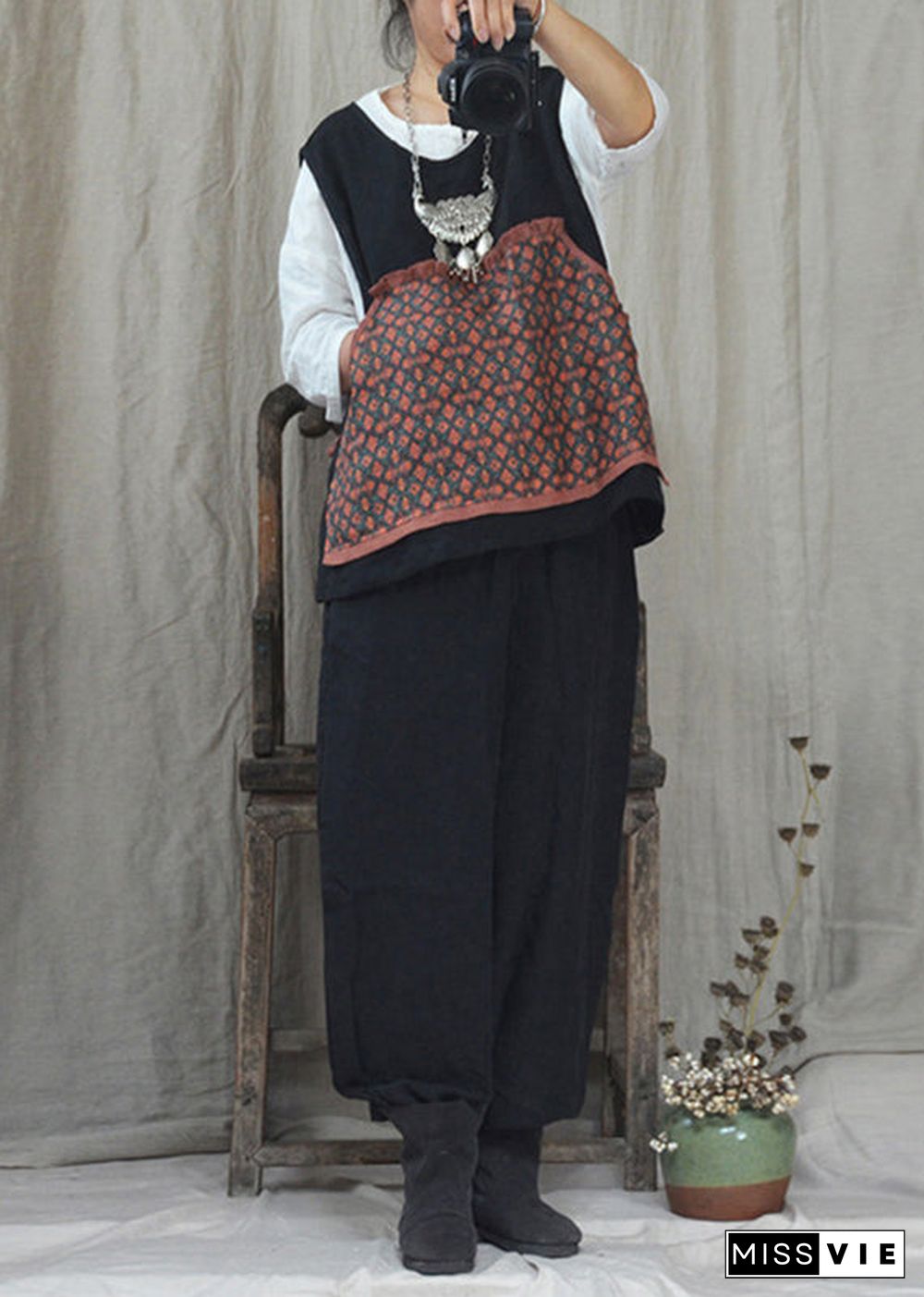 Casual Black O-Neck Print Linen Waistcoat And Pants Two Pieces Set Fall