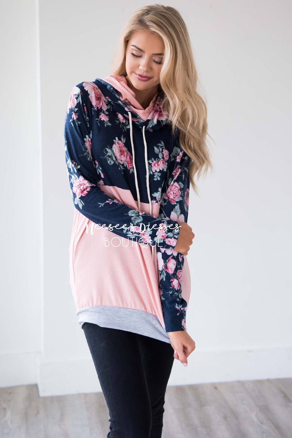 Navy Floral & Pink Colorblock Hoodie