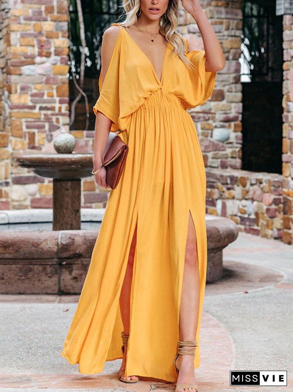 Sexy Solid Deep V Hollow Party Dresses Elegant Casual Chiffon Slit Long Beach Dress Summer Elastic High Waist Half Sleeve Dress