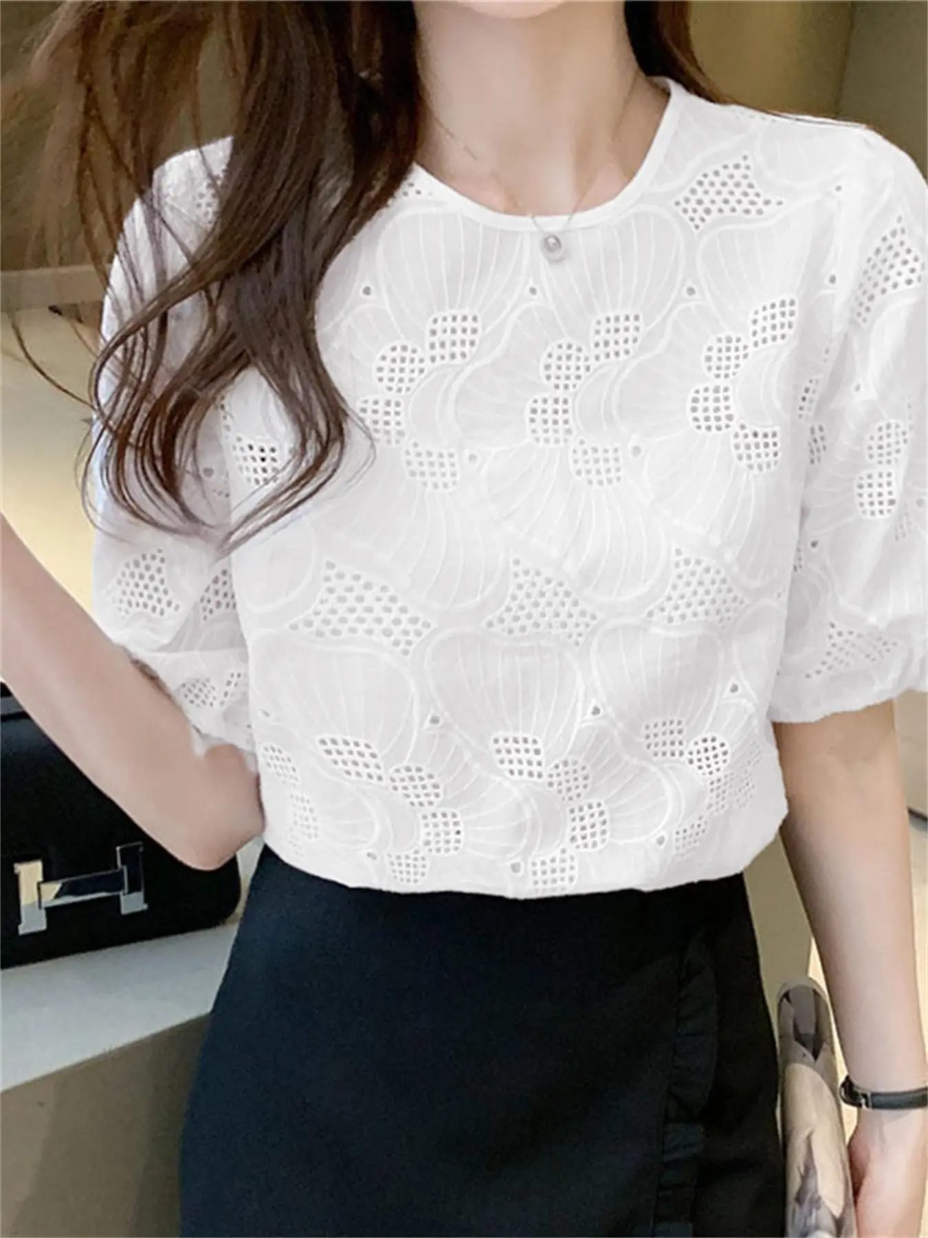 Plus Size Eyelet Embroidered Crew Neck Blouse, Elegant Short Sleeve Top For Spring & Summer, Womens Plus Size Clothing