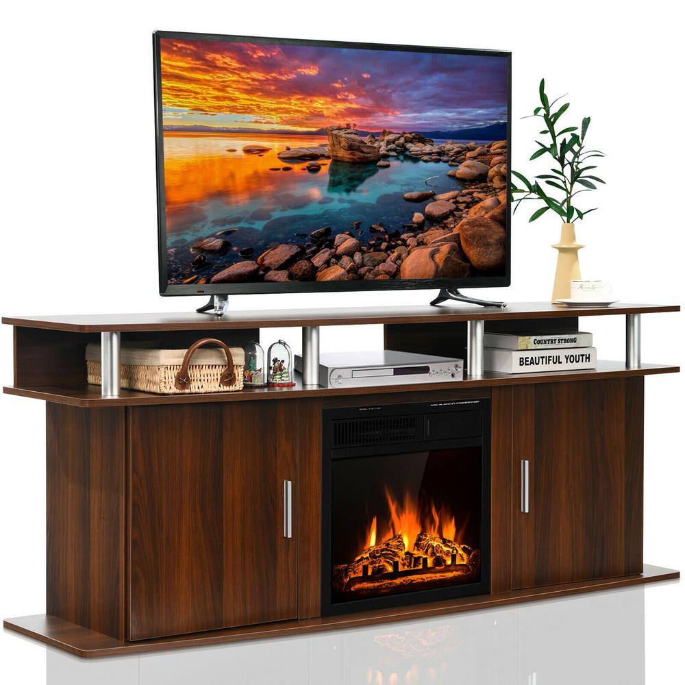 Gymax 63 in. Fireplace TV Stand with 18 in. 1500-Watt Electric Fireplace up to 70 in. Walnut GYM06623