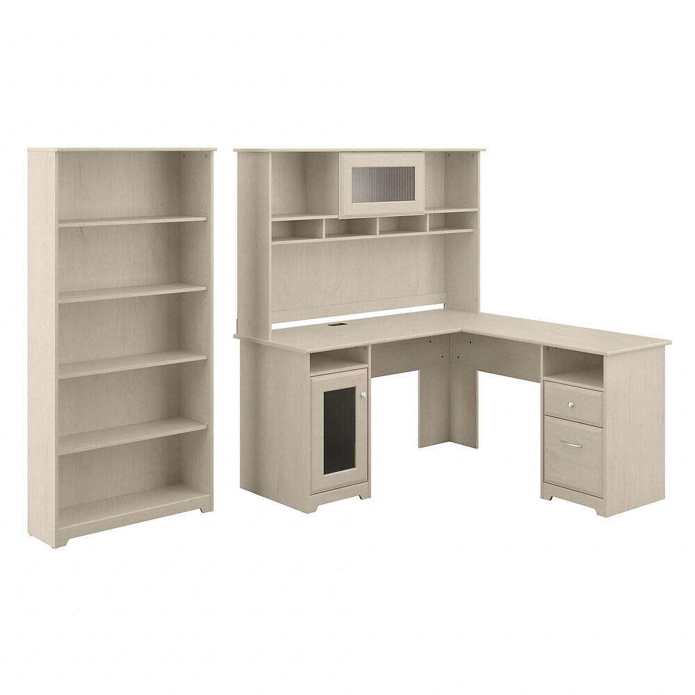 Cabot 60W L Desk with Hutch and 5 Shelf Bookcase by Bush Furniture