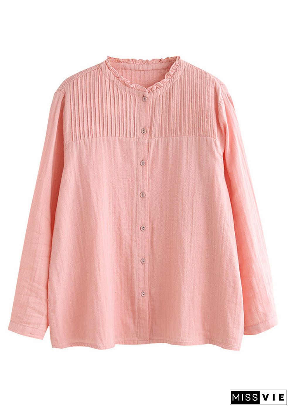 Chinese Style Pink Stand Collar Patchwork Wrinkled Button Cotton Shirts Long Sleeve