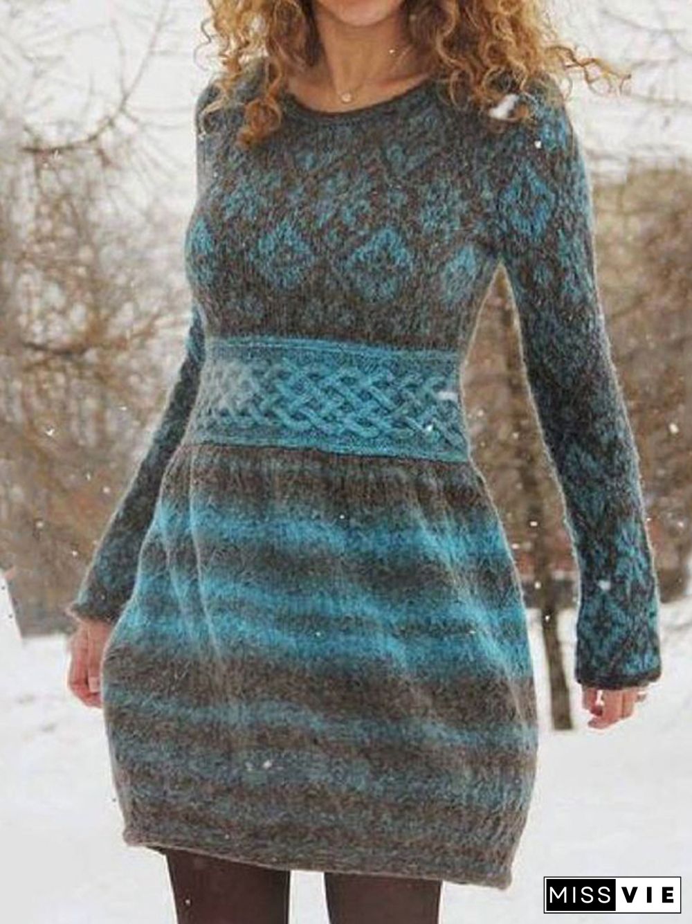 Casual Contrast Printed Knit Midi Dress