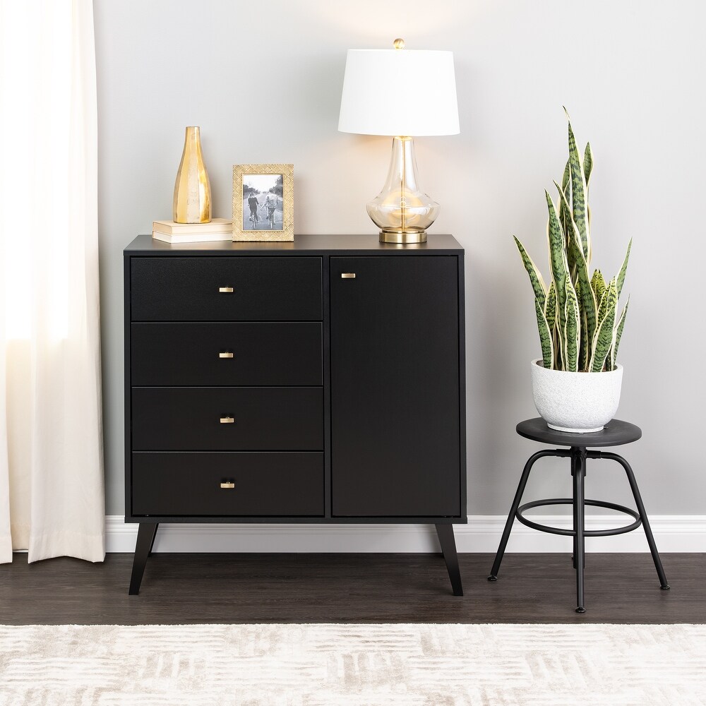 Prepac Milo Mid Century Modern 4 Drawer Combo Dresser  Chest of Drawers With Door  Contemporary Bedroom Furniture