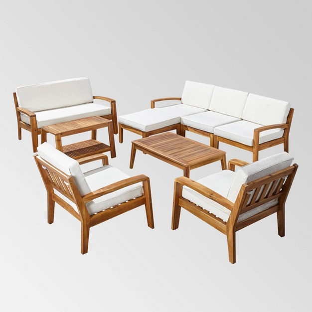 Grenada 9pc Acacia Wood Patio Sectional Sofa Set Teak beige Christopher Knight Home