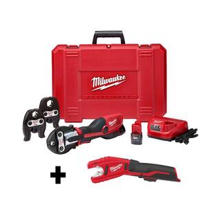 MW M12 12-Volt Lithium-Ion Force Logic Cordless Press Tool Kit with M12 Copper Tubing Cutter (3 Jaws Included) 2473-22-2471-20