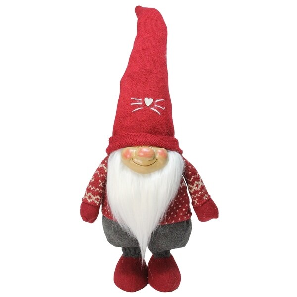 14 Red Grey and White Gnome Wearing Red Hat with White Heart Christmas Decoration