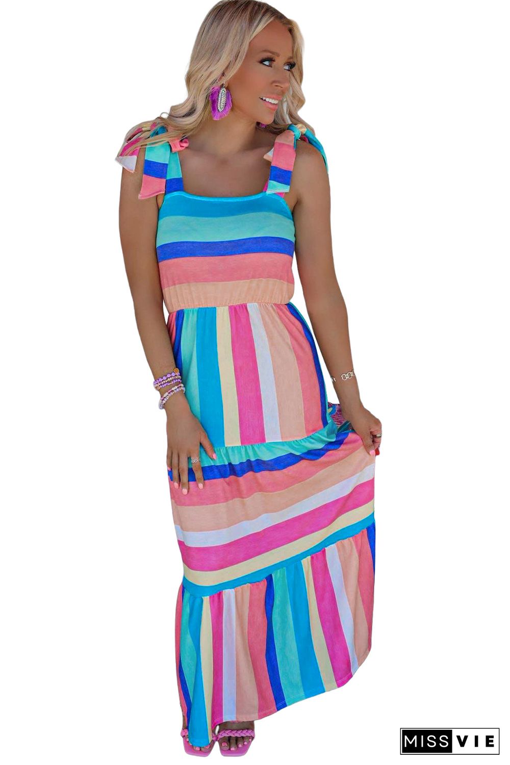 Multicolor Color Block Striped Bow Knot Straps Maxi Dress