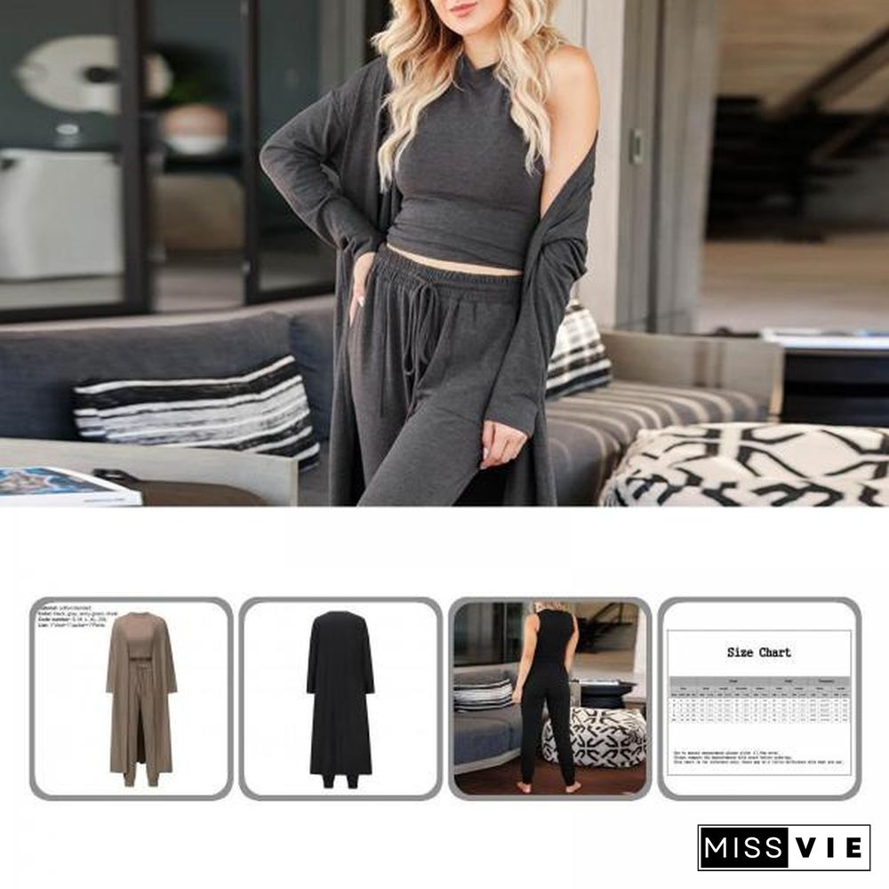 1 Set Simple Outfit Suit Long Sleeve Three-Piece Round Neck Vest Coat Drawstring Pants Elastic Waist For Office